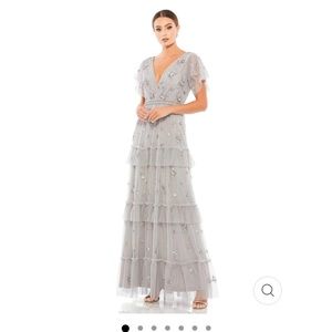 RUFFLE TIERED EMBELLISHED FLUTTER SLEEVE GOWN
